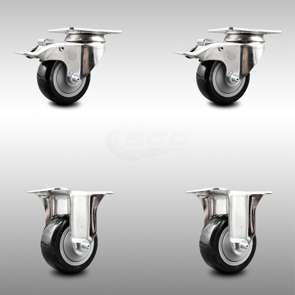 Service Caster 3.5 Inch 316SS Black Polyurethane Swivel Plate Caster Lock Brake 2 Rigid, 2PK SCC-SS316TTL20S3514-PPUB-BLK-2-R-2 - main